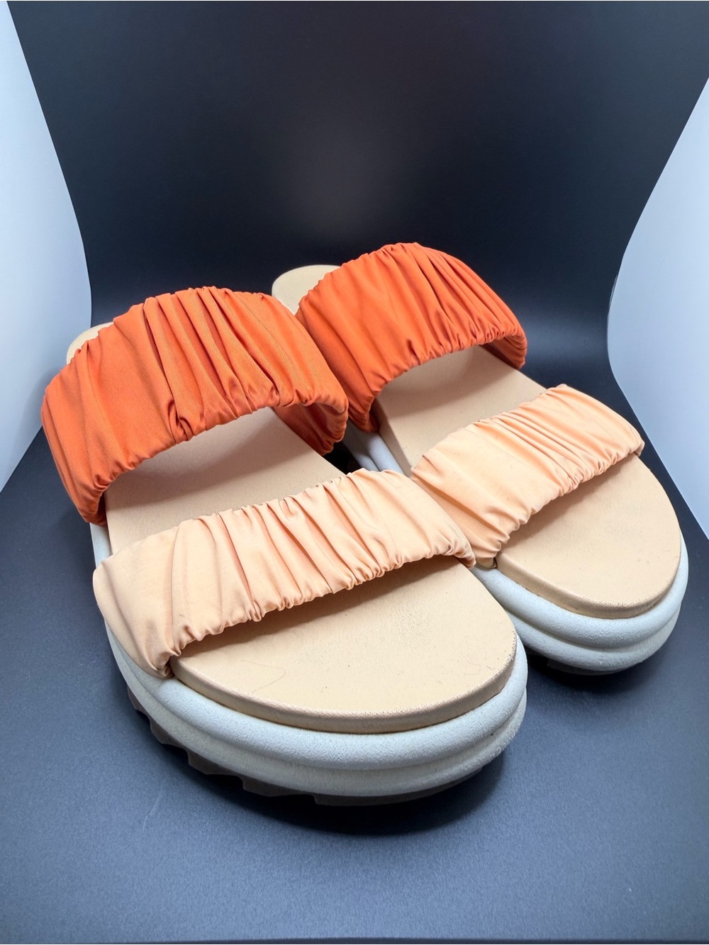 Sorel Ruched Two-Band Slide Sandals in Orange and Peach - Picture 2 of 10